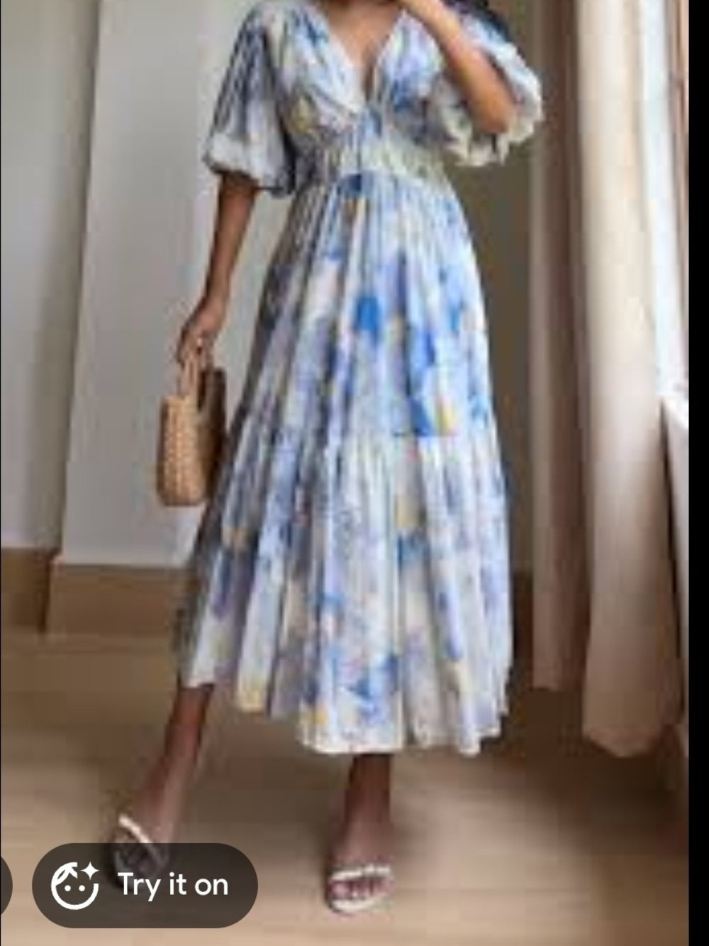 Jessica Simpson Light Blue and Yellow Puffed Sleeve V Neckline Elastic Waistband